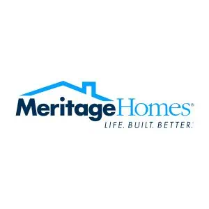 blue roof icon over the word Meritage, next to Meritage is the word Homes above life built better